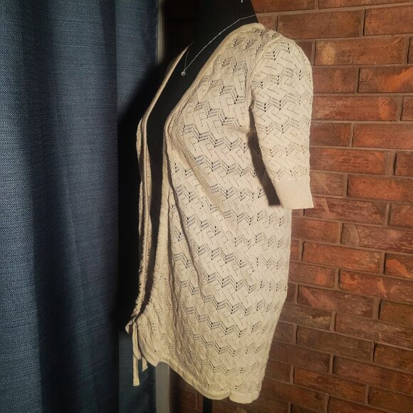 DKNY Front Tie Crocheted Beige Cardigan Sweater - Size M - Picture 4 of 12